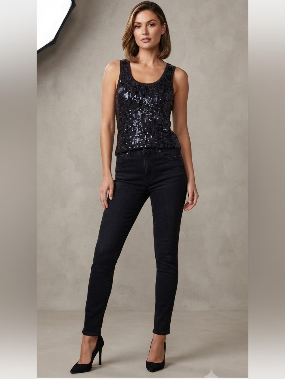 Questions by Say What? Women's Black 100% Cotton Sequined Tank Top Sz L